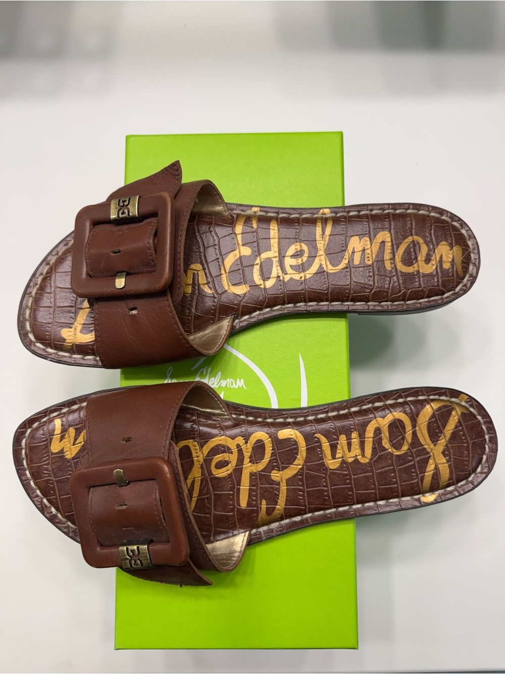 Sam Edelman Brown Croc-Embossed Buckle Slide Sandals - Picture 3 of 5